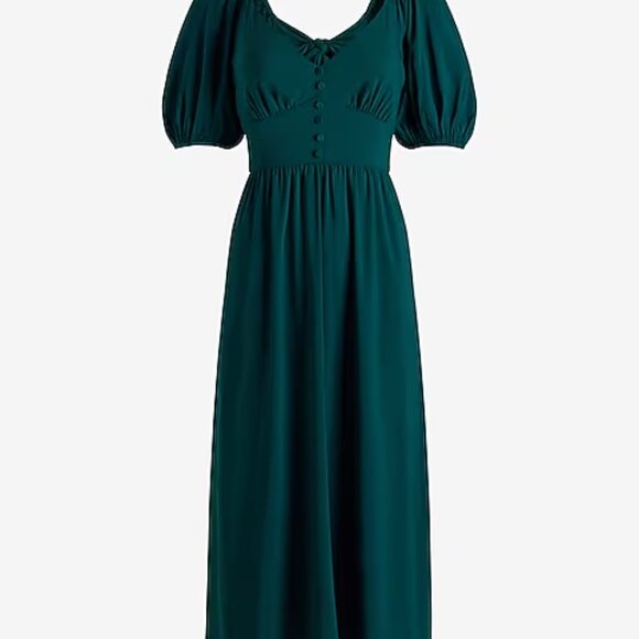Express V-Neck Puff Sleeve Button Front Tie Back Midi Dress - Picture 3 of 7